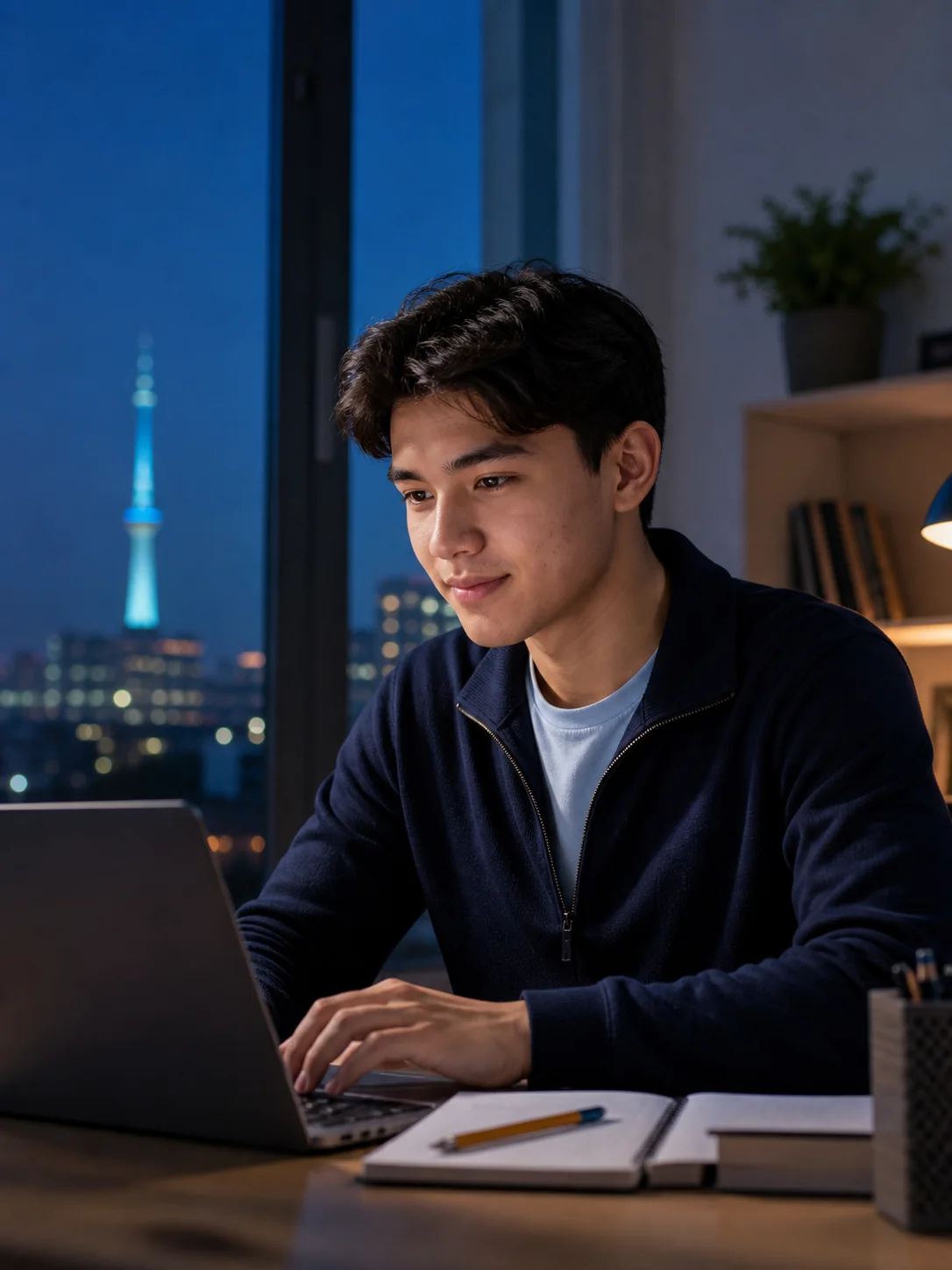 A student building his skills at a laptop in a quiet study space